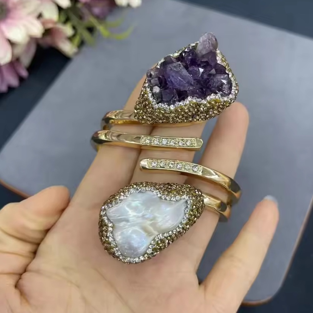Natural Stone Amethyst & Baroque Pearl Gold Cuff Bracelet - Picture 1 of 17